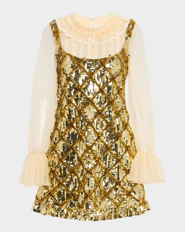 Sequined Layered Ruffle Long-Sleeve Mini Dress
